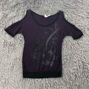 Lamasini Shirt Womens Large Embellished Flower Cold Shoulder Purple Black Top